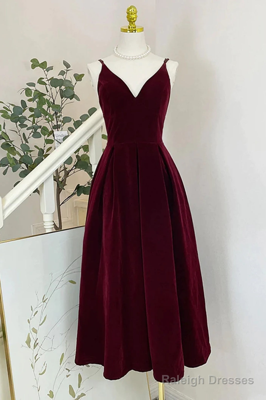Wine Red Velvet Tea Length Homecoming Dress, Wine Red V-Neckline Party Dress