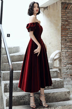 Wine Red Velvet Tea Length Off Shoulder Party Dress, Wine Red Bridesmaid Dress