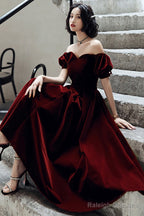 Wine Red Velvet Tea Length Off Shoulder Party Dress, Wine Red Bridesmaid Dress