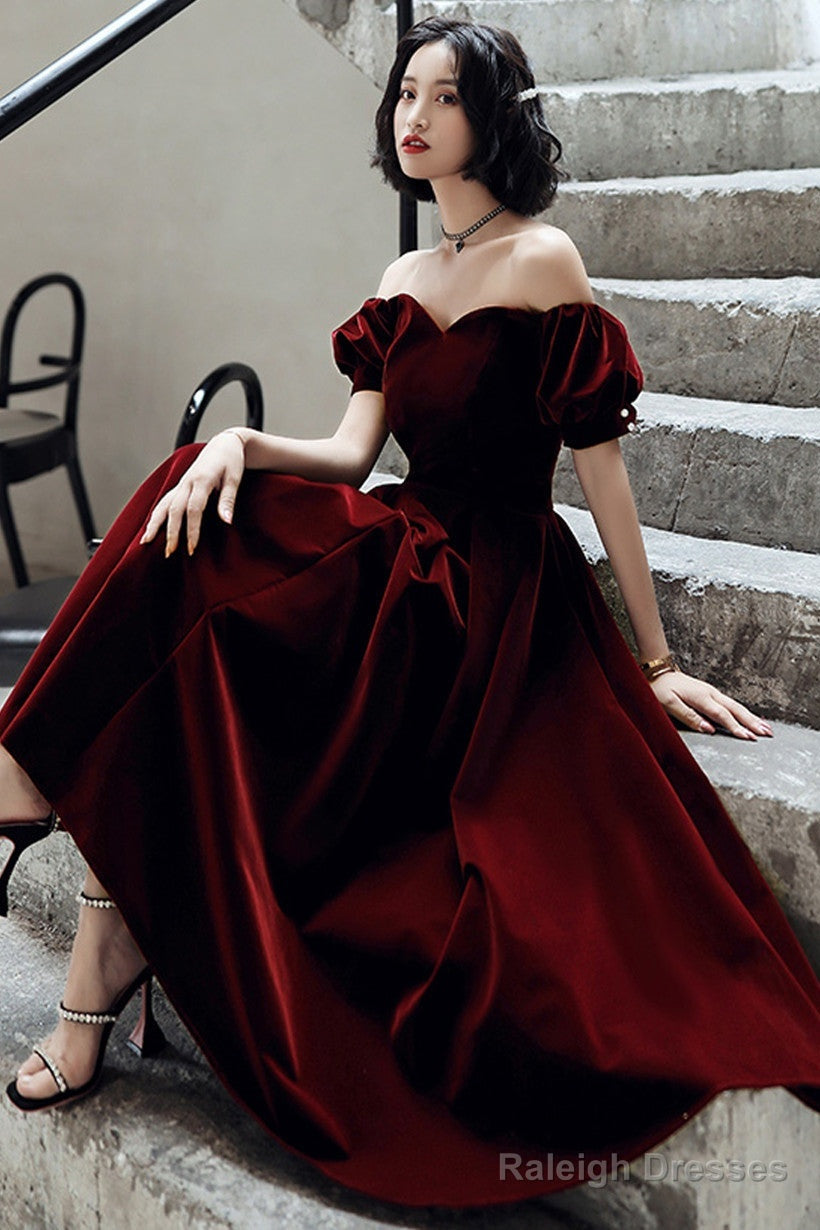 Wine Red Velvet Tea Length Off Shoulder Party Dress, Wine Red Bridesmaid Dress