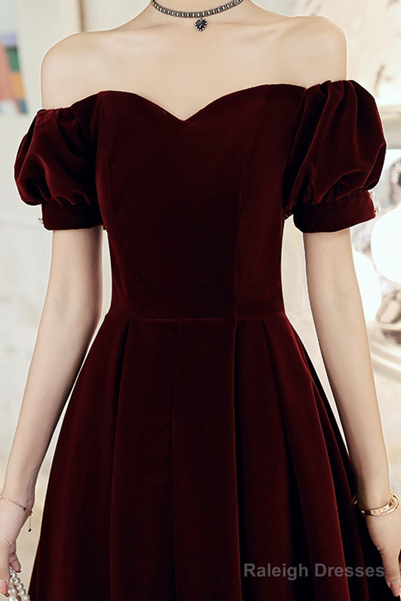 Wine Red Velvet Tea Length Off Shoulder Prom Dresses Wine Red Bridesmaid Dresses