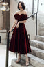 Wine Red Velvet Tea Length Off Shoulder Party Dress, Wine Red Bridesmaid Dress