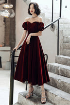Wine Red Velvet Tea Length Off Shoulder Prom Dresses Wine Red Bridesmaid Dresses