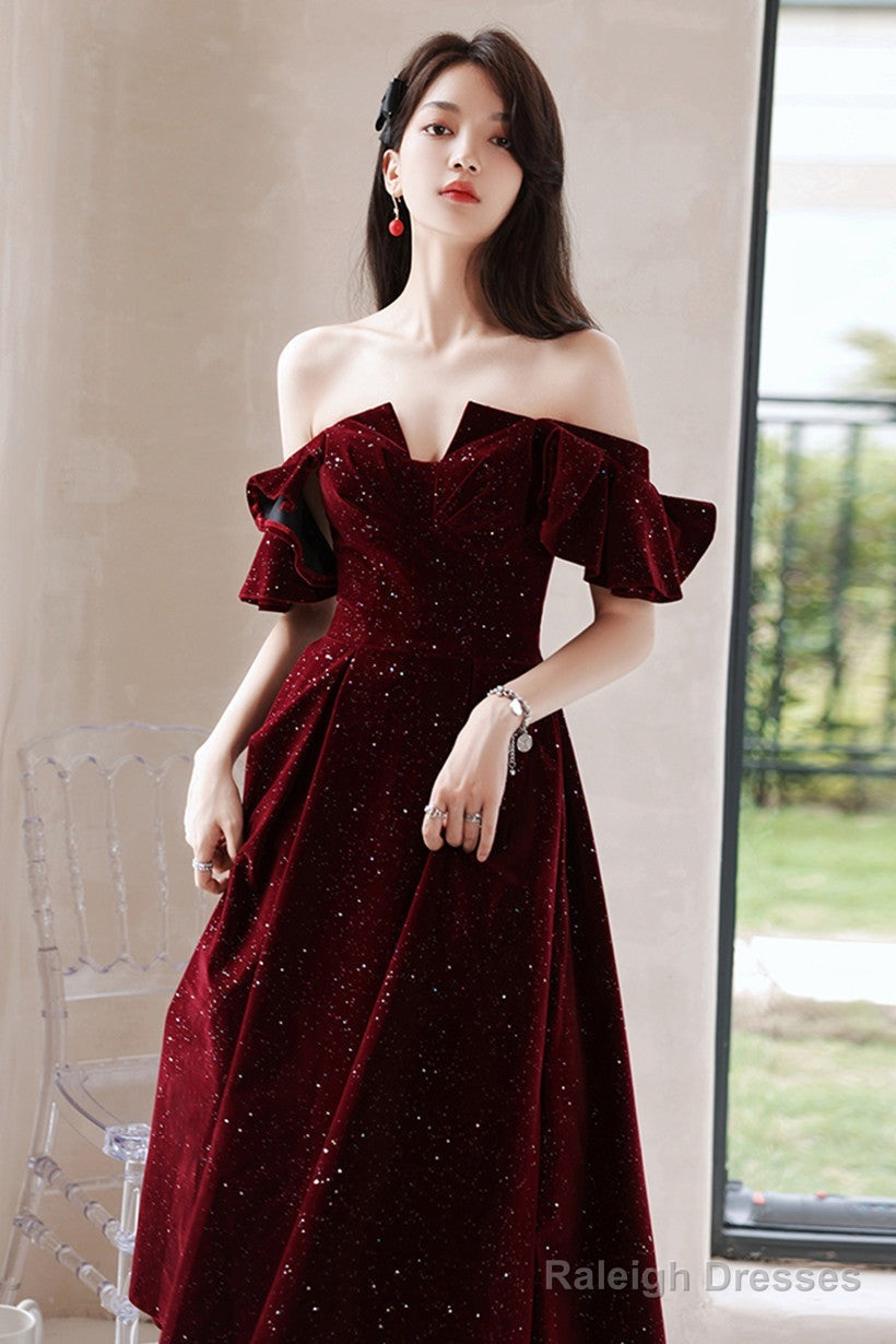 Wine Red Velvet Tea Length Party Dress Graduation Dress, Wine Red Prom Dress