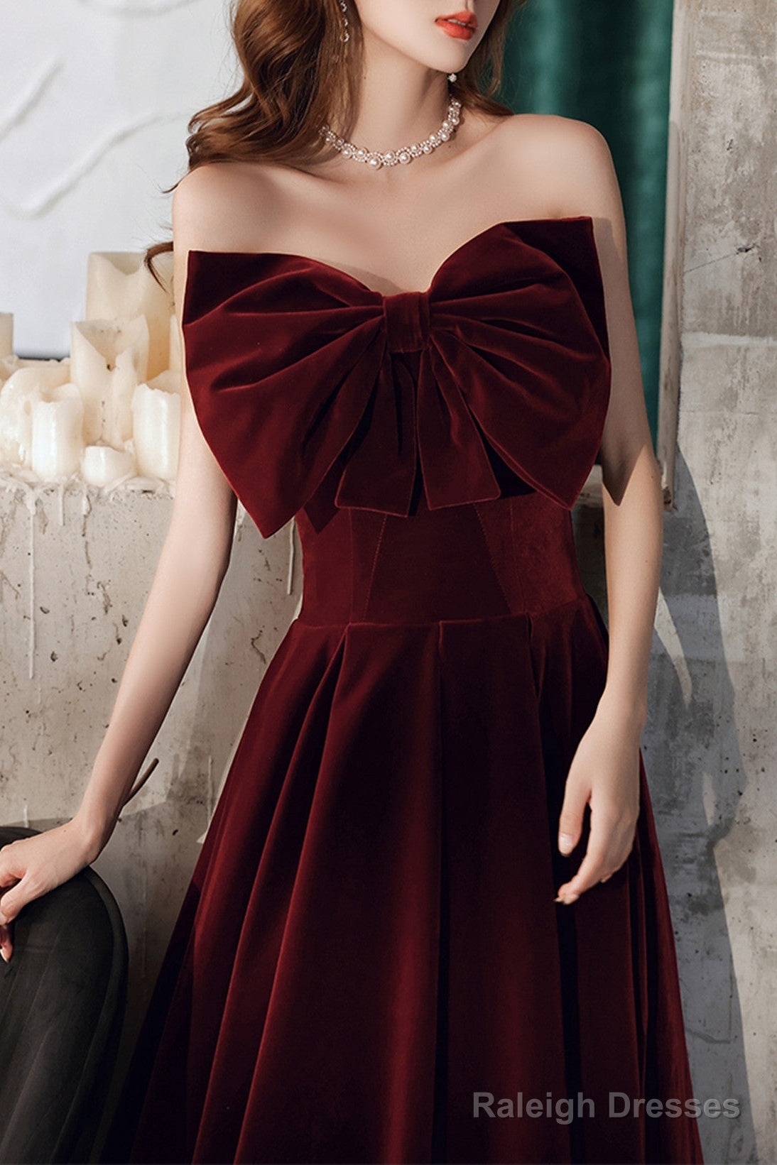 Wine Red Velvet Tea Length Party Dress, Wine Red Homecoming Dress Prom Dress Secondary image