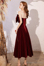 Wine Red Velvet Tea Length Party Dress, Wine Red Homecoming Dress Prom Dress