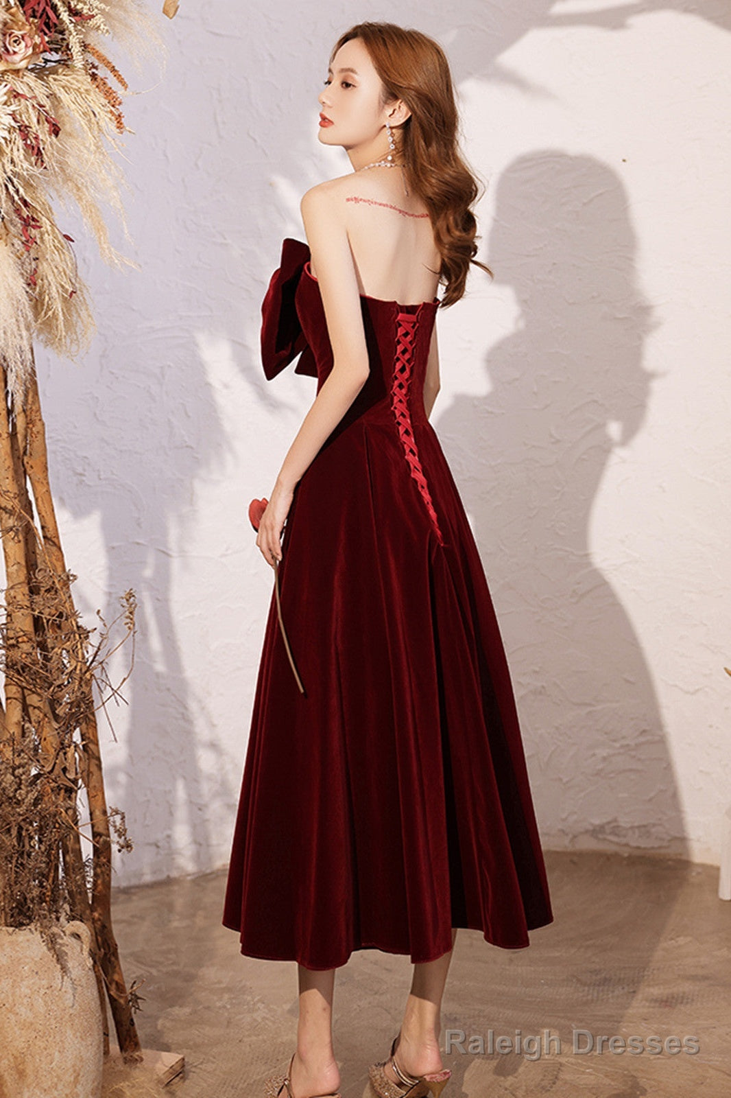 Wine Red Velvet Tea Length Party Dress, Wine Red Homecoming Dress Prom Dress