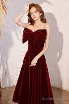 Wine Red Velvet Tea Length Prom Dresses Wine Red Homecoming Dresses Prom Dresses