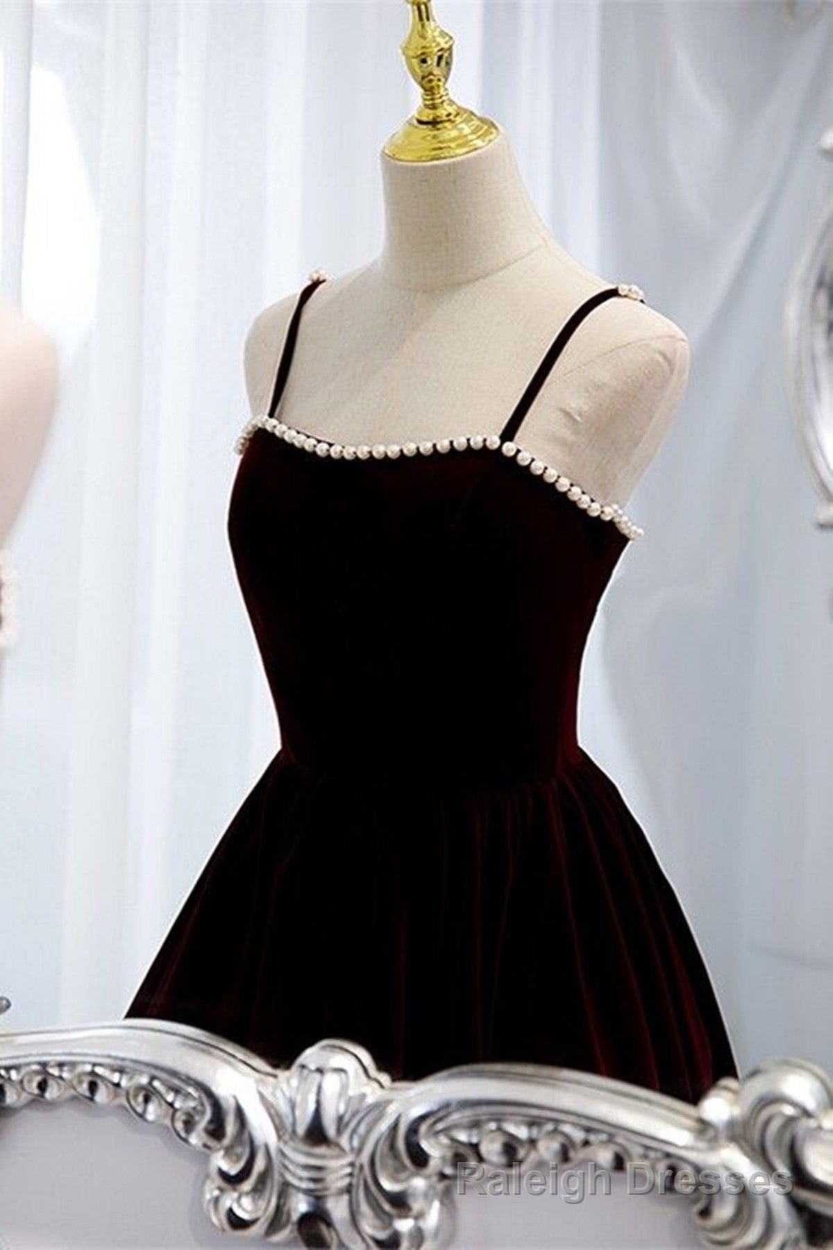 Wine Red Velvet Tea Length Prom Dress, Wine Red Straps Homecoming Dress Secondary image