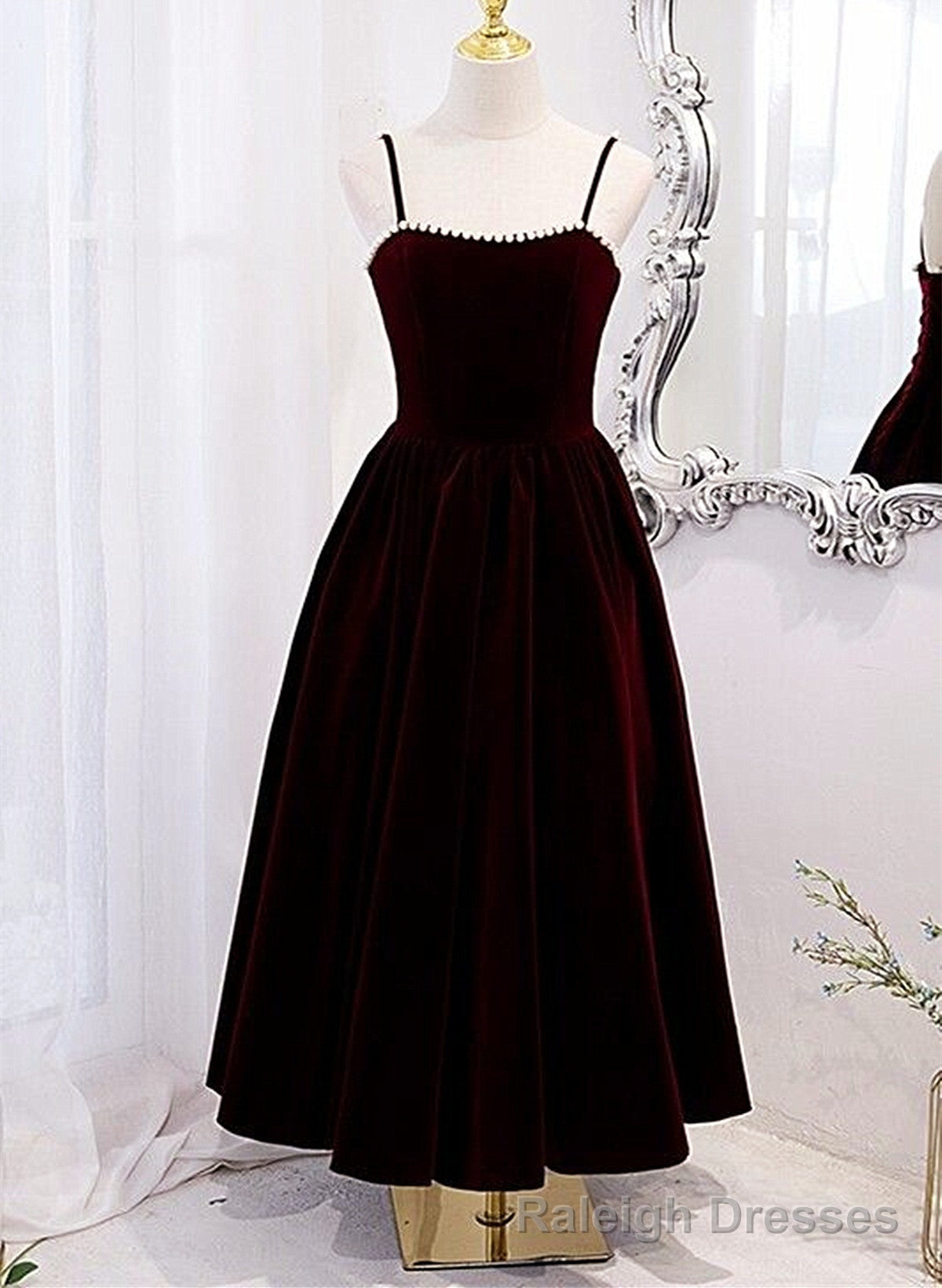 Wine Red Velvet Tea Length Party Dress, Wine Red Straps Homecoming Dress Main image