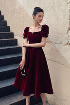Wine Red Velvet Tea Length Short Sleeves Party Dress, Dark Red Evening Dresses