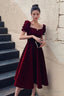 Wine Red Velvet Tea Length Short Sleeves Party Dress, Dark Red Evening Dresses