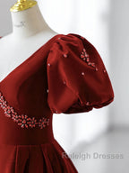 Wine Red Velvet V Neckline Beaded Short Sleeves Prom Dresses Wine Red Long Prom Dresses