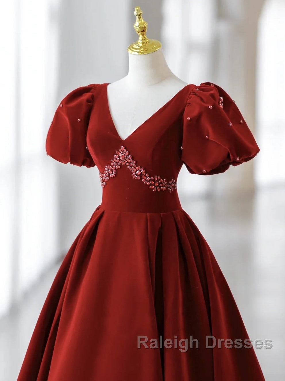 Wine Red Velvet V Neckline Beaded Short Sleeves Prom Dresses Wine Red Long Prom Dresses
