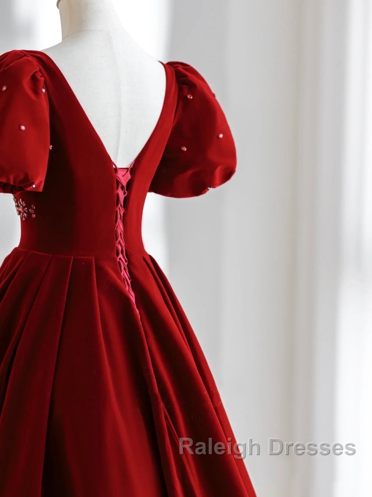 Wine Red Velvet V Neckline Beaded Short Sleeves Prom Dresses Wine Red Long Prom Dresses