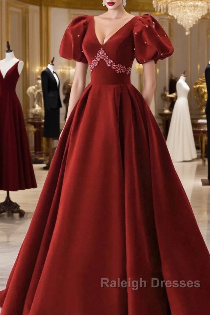 Wine Red Velvet V-Neckline Beaded Short Sleeves Party Dress, Wine Red Long Prom Dress Main image