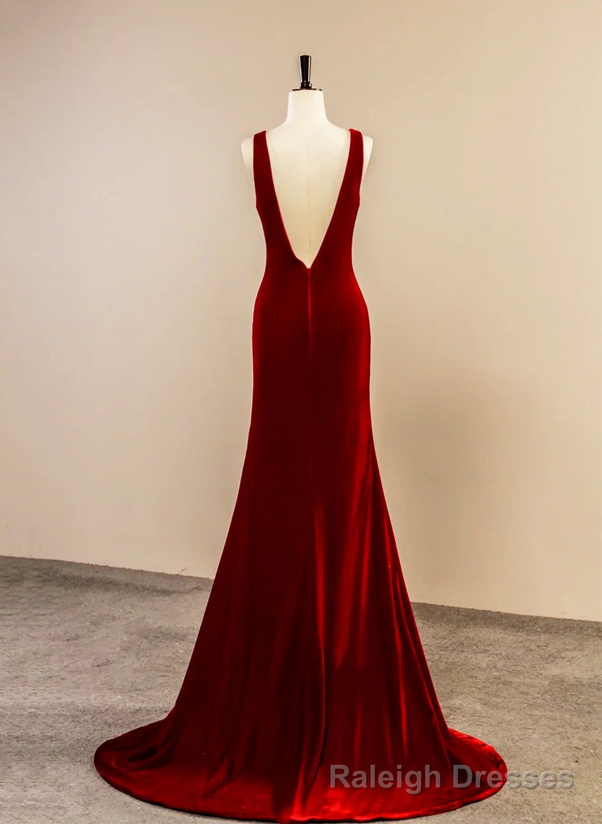 Wine Red Velvet V-neckline Long Party Dress, A-line Velvet Evening Dress with Slit