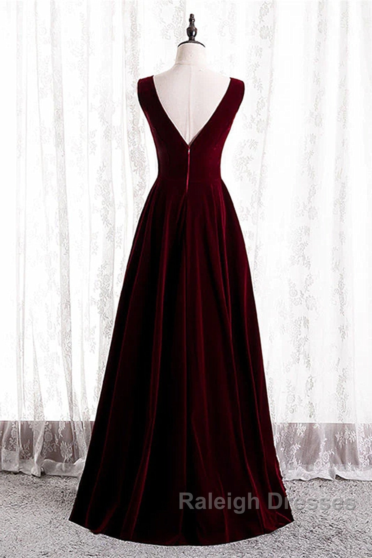 Wine Red Velvet V-Neckline Simple Long Party Dress, Wine Red Bridesmaid Dress Secondary image