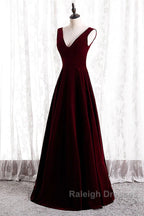 Wine Red Velvet V-Neckline Simple Long Prom Dresses Wine Red Bridesmaid Dresses