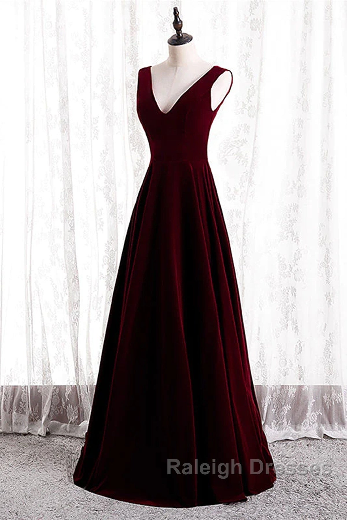 Wine Red Velvet V-Neckline Simple Long Prom Dresses Wine Red Bridesmaid Dresses