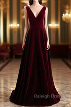 Wine Red Velvet V-Neckline Simple Long Prom Dresses Wine Red Bridesmaid Dresses