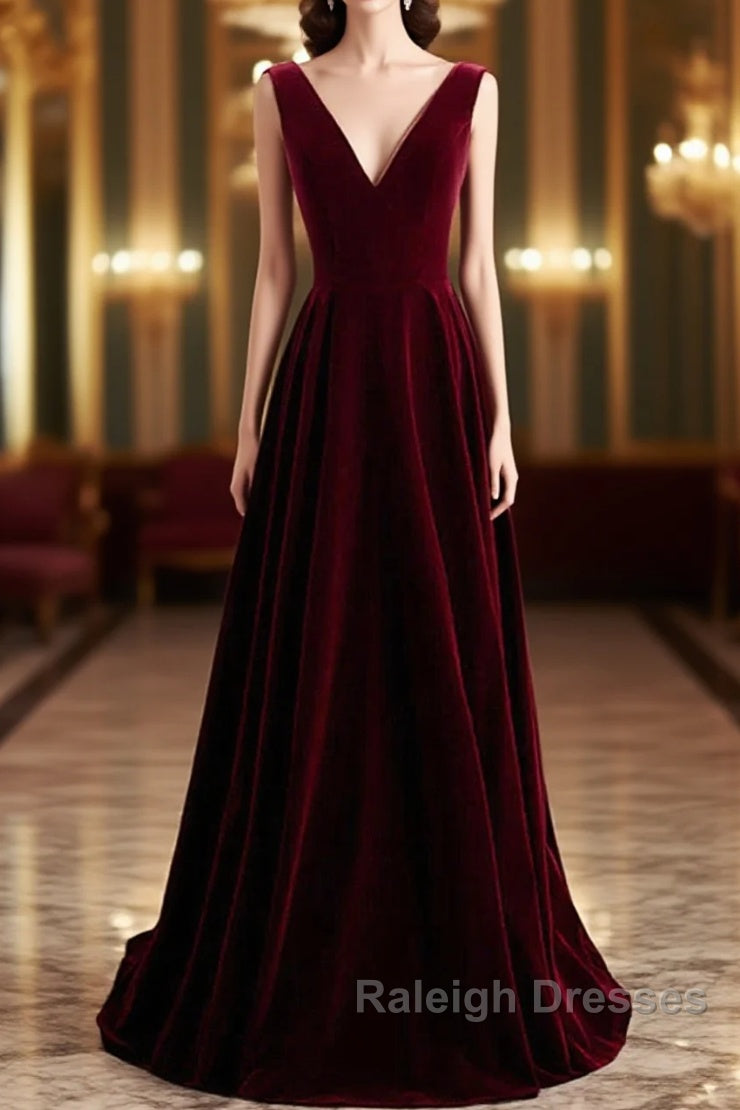 Wine Red Velvet V-Neckline Simple Long Prom Dresses Wine Red Bridesmaid Dresses