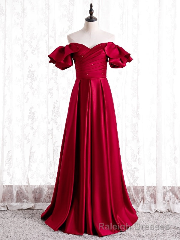 Winsome Burgundy Satin Off the Shoulder Pleats Prom Dress Main image
