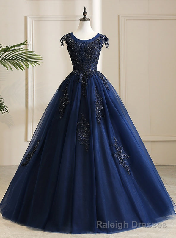 With Find Navy Blue Ball Gown Tulle Appliques Beading Cap Sleeve Quinceanera Dress Main image