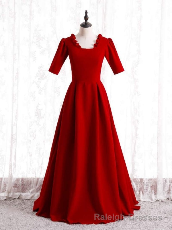 Women Burgundy Satin Short Sleeve Prom Dress Main image