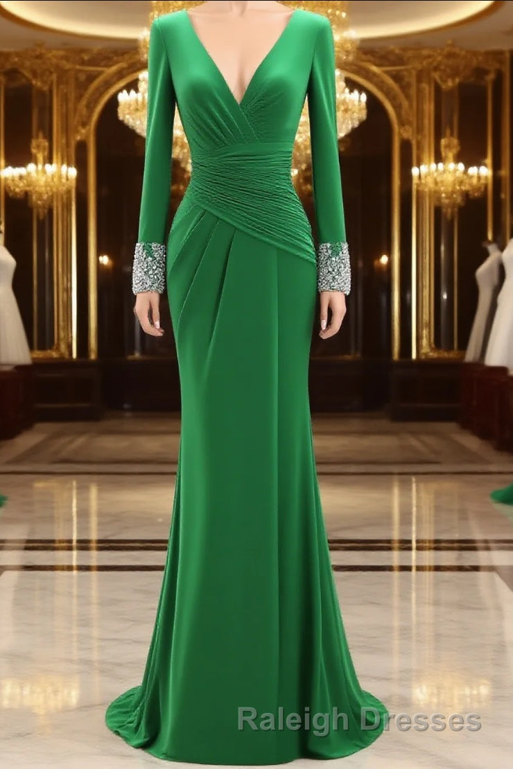 Women Long Mother of Bride Dresses Green Grey Long Sleeve V Neck Evening Dress Main image
