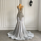 Women Silver Long Mermaid Prom Dress Sheer Mesh Luxury Sparkly Handmade Diamond Black Girl Prom Gala Gown