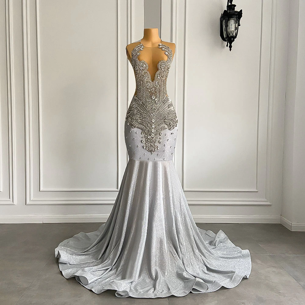 Women Silver Long Mermaid Prom Dress Sheer Mesh Luxury Sparkly Handmade Diamond Black Girl Prom Gala Gown