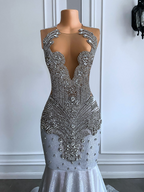 Women Silver Long Mermaid Prom Dress Sheer Mesh Luxury Sparkly Handmade Diamond Black Girl Prom Gala Gown