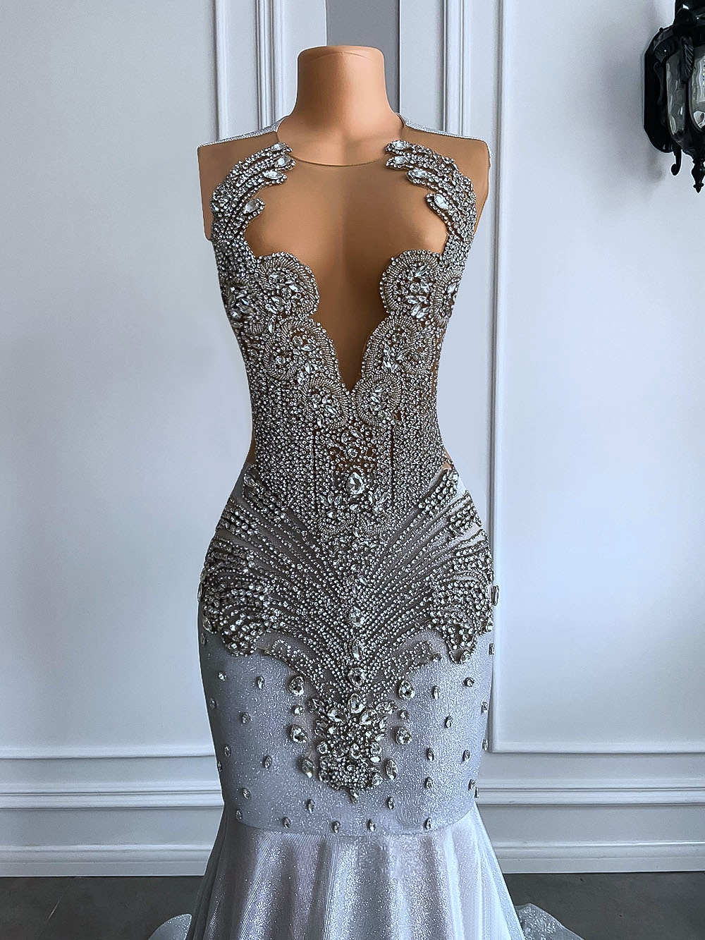 Women Silver Long Mermaid Prom Dress Sheer Mesh Luxury Sparkly Handmade Diamond Black Girl Prom Gala Gown