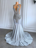 Women Silver Long Mermaid Prom Dress Sheer Mesh Luxury Sparkly Handmade Diamond Black Girl Prom Gala Gown