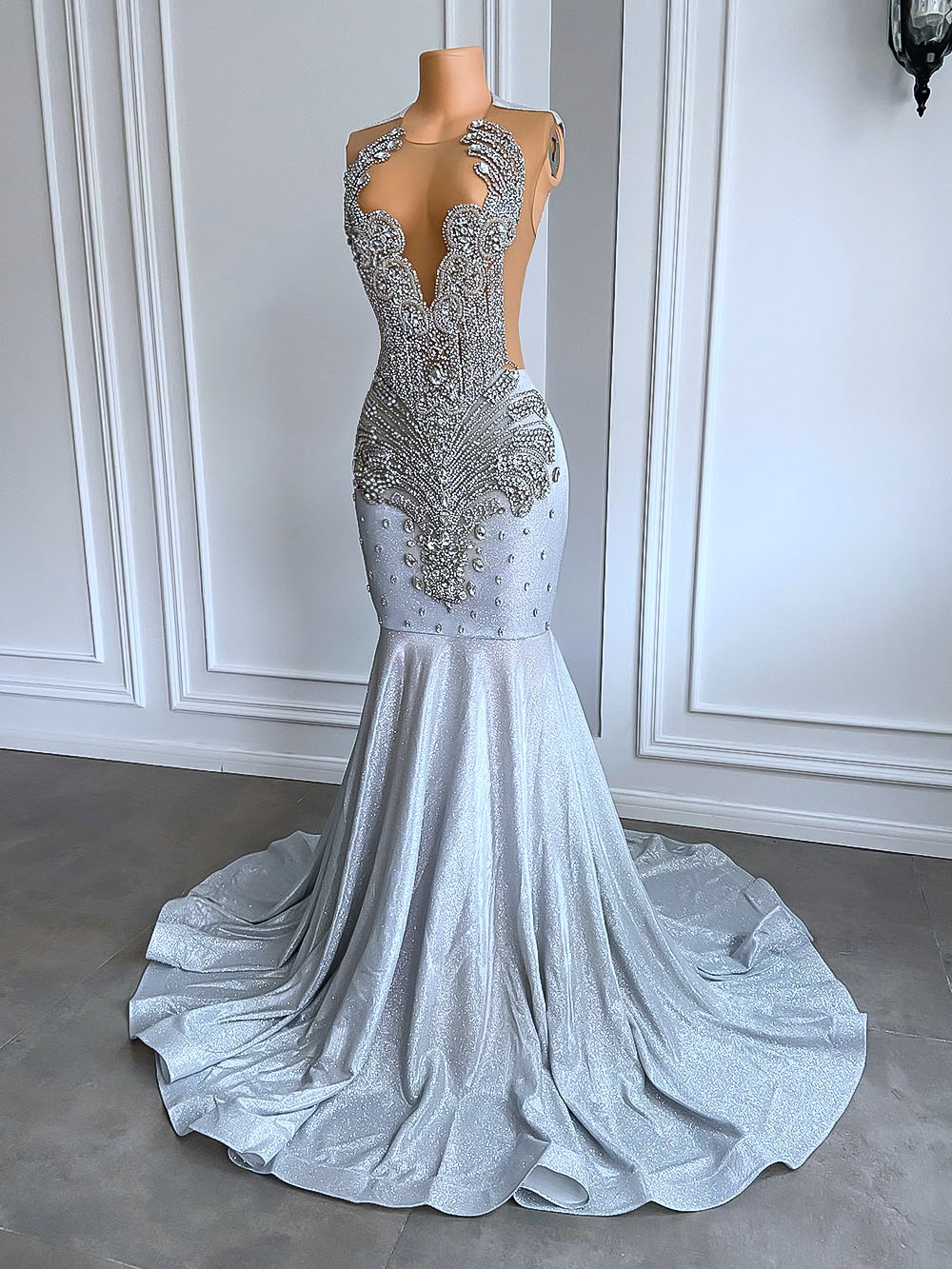 Women Silver Long Mermaid Prom Dress Sheer Mesh Luxury Sparkly Handmade Diamond Black Girl Prom Gala Gown