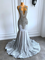 Women Silver Long Mermaid Prom Dress Sheer Mesh Luxury Sparkly Handmade Diamond Black Girl Prom Gala Gown