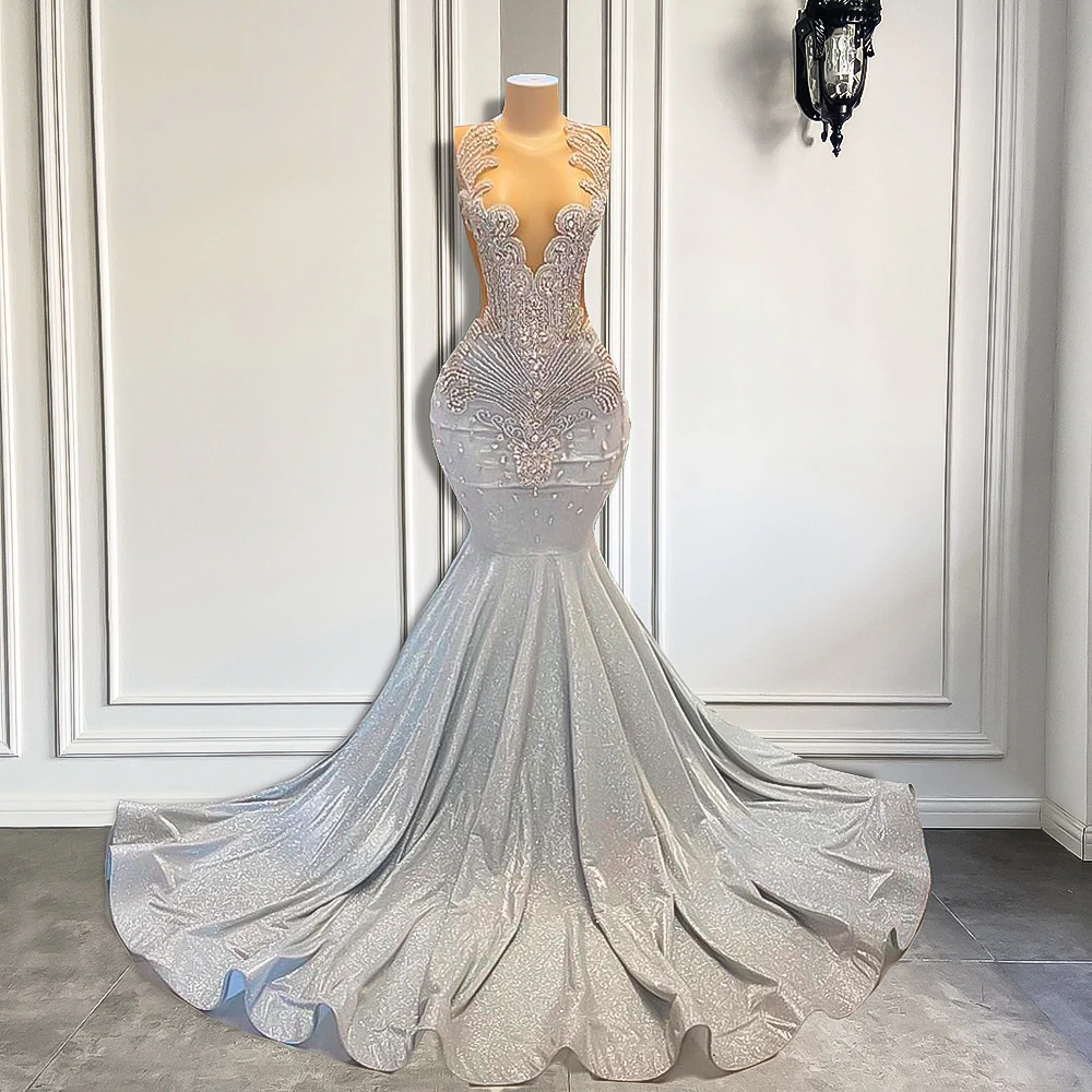 Women Silver Long Mermaid Prom Dress Sheer Mesh Luxury Sparkly Handmade Diamond Black Girl Prom Gala Gown