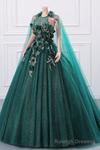 Womens Beaded Applique Tulle Emerald Green Prom Ball Gown Quinceanera Dress A Line Wedding Bridesmaid Eveniing Dresses