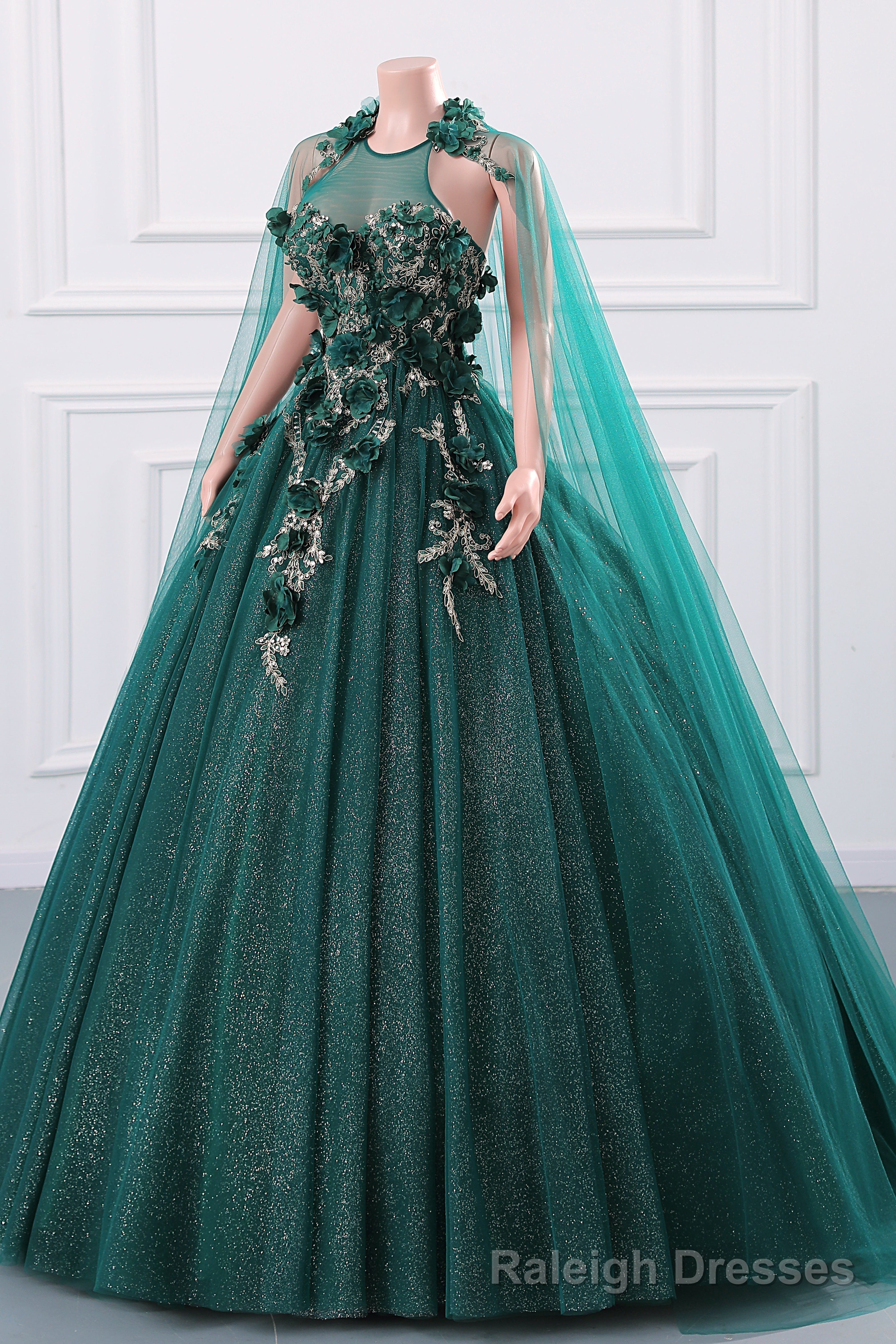 Womens Beaded Applique Tulle Emerald Green Prom Ball Gown Quinceanera Dress A Line Wedding Bridesmaid Eveniing Dresses