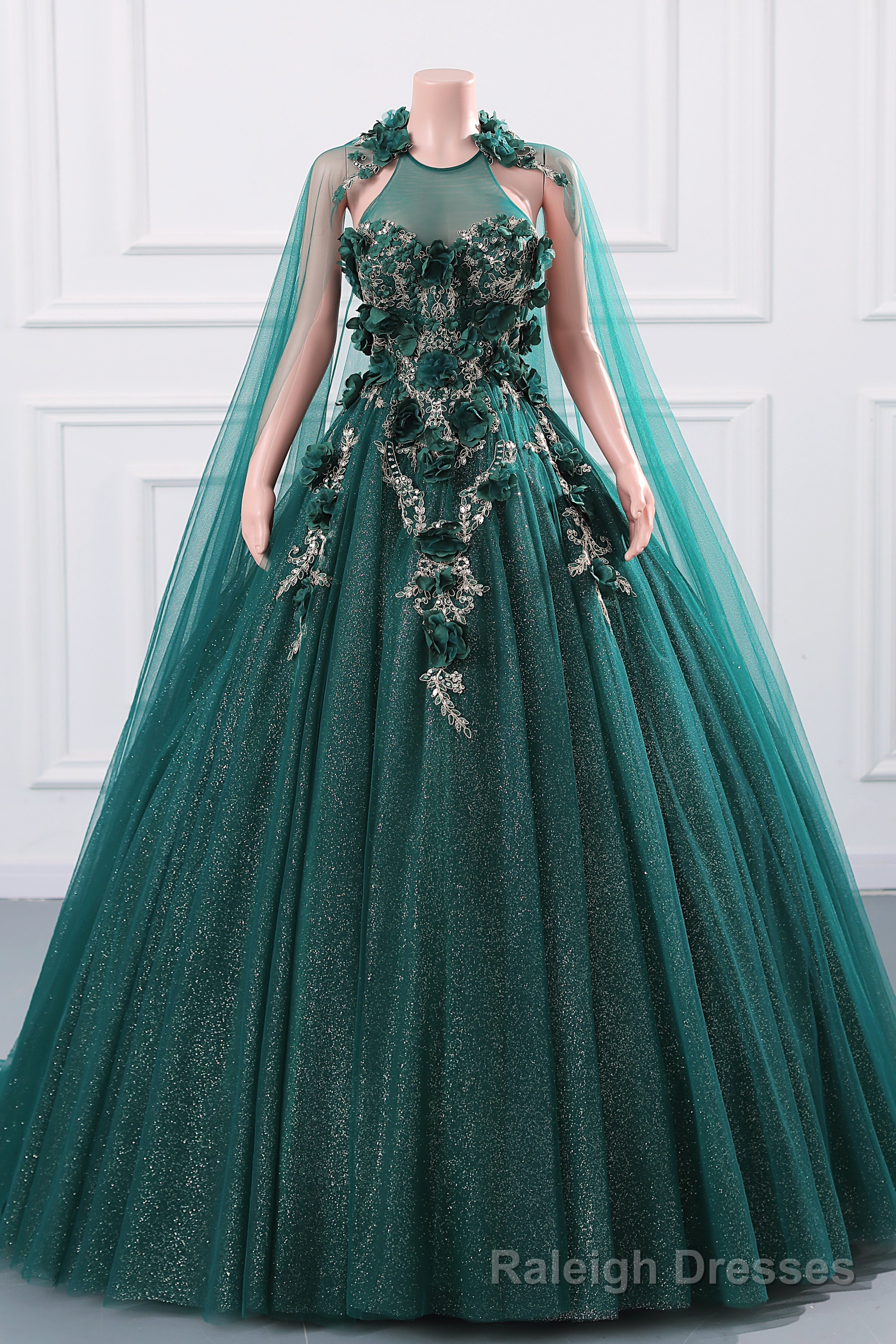 Womens Beaded Applique Tulle Emerald Green Prom Ball Gowns Quinceanera Dress A-Line Wedding Bridesmaid Eveniing Dresses Main image