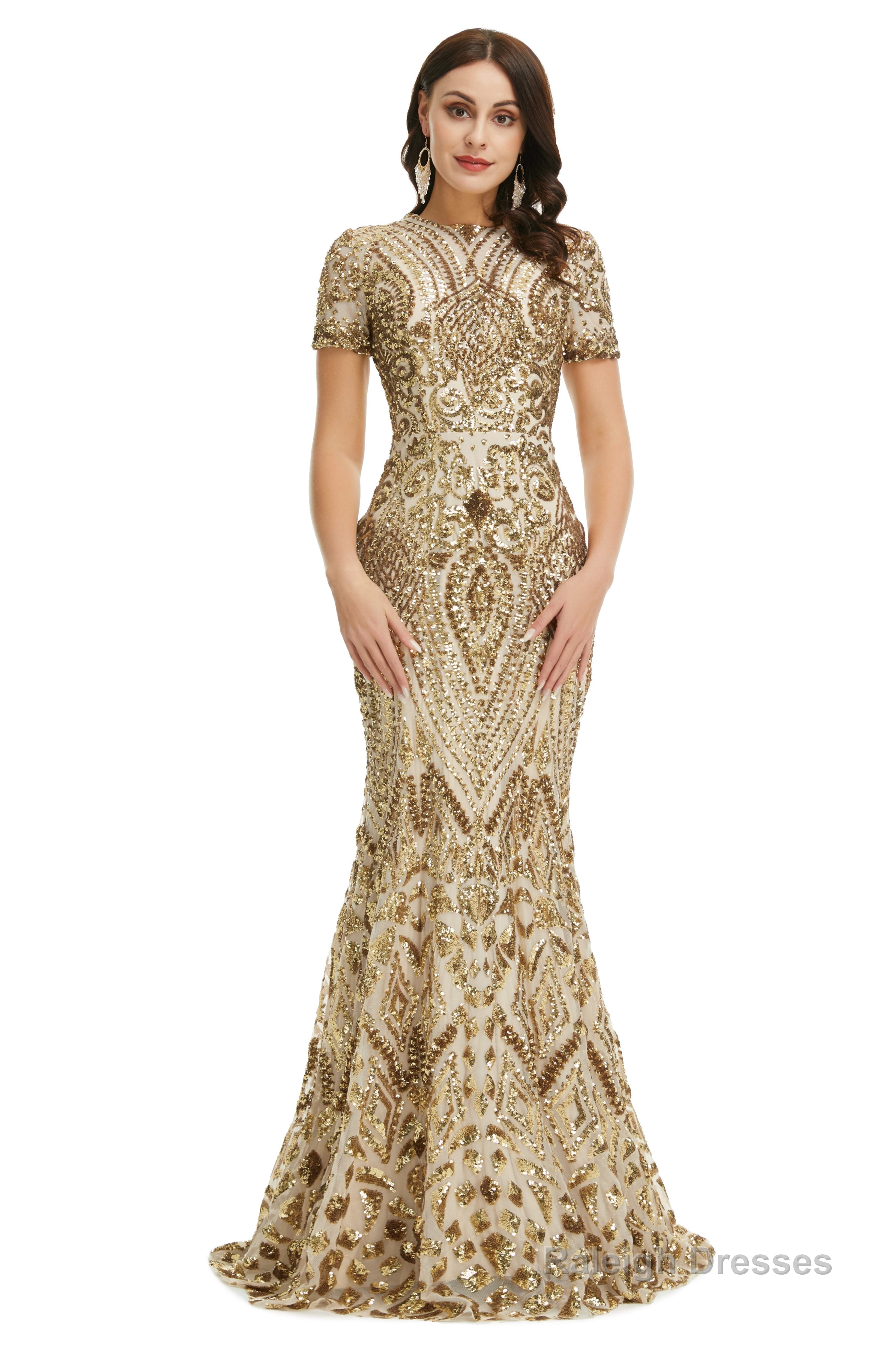 Short Sleeves Sequins A-Line Formal Evening Dress