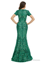 Short Sleeves Sequins A-Line Formal Evening Dress