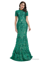 Short Sleeves Sequins A-Line Formal Evening Dress