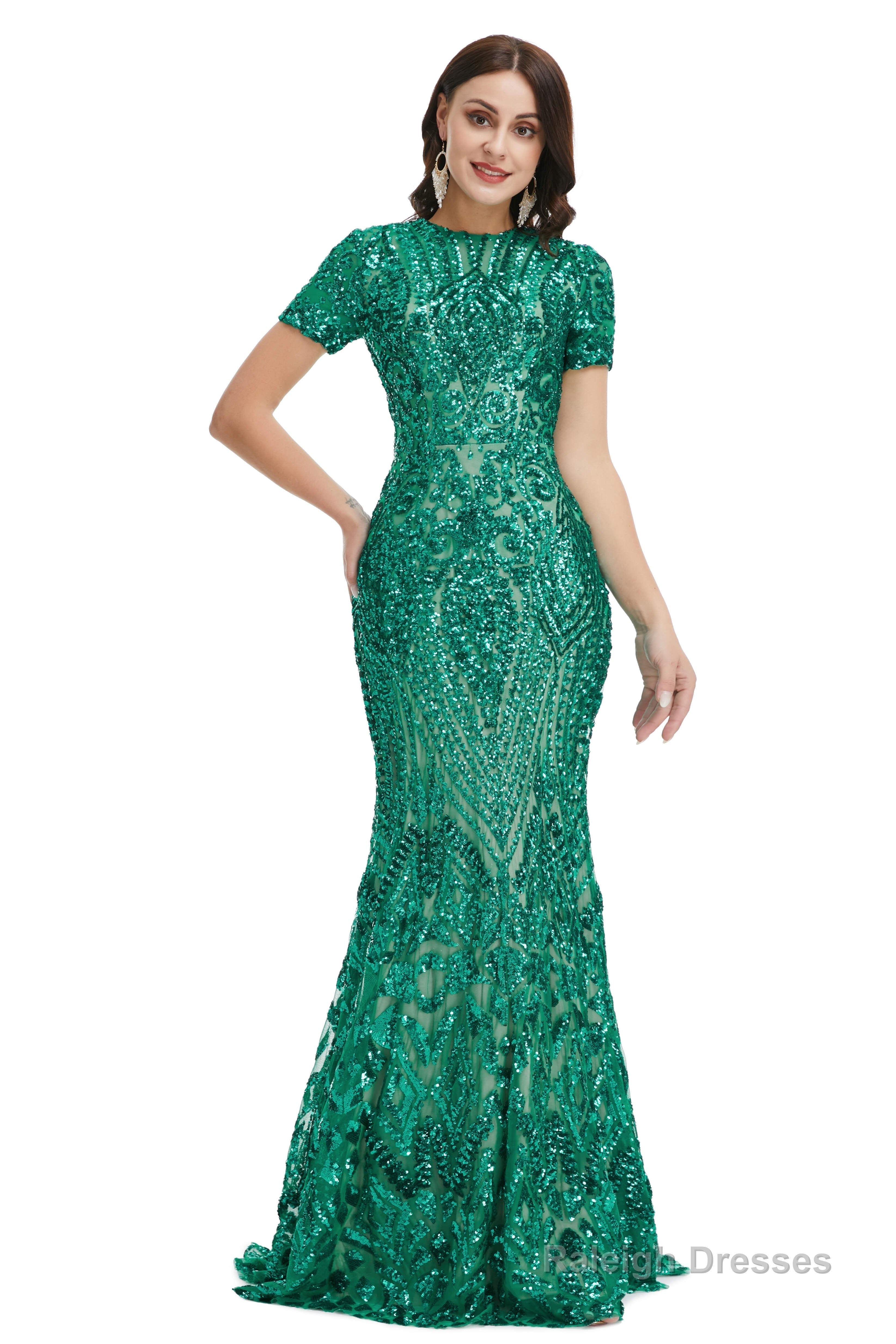 Short Sleeves Sequins A-Line Formal Evening Dress