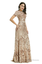Short Sleeves Sequins A-Line Formal Evening Dress