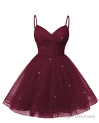 Womens V Neck Tulle Spaghetti Straps Burgundy Homecoming Dresses with Corset Back Short Prom Gowns for Teens