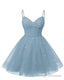 Womens V Neck Tulle Spaghetti Straps Dusty Blue Homecoming Dresses with Corset Back Short Prom Gowns for Teens