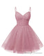 Womens V Neck Tulle Spaghetti Straps Dusty Rose Homecoming Dresses with Corset Back Short Prom Gown for Teens