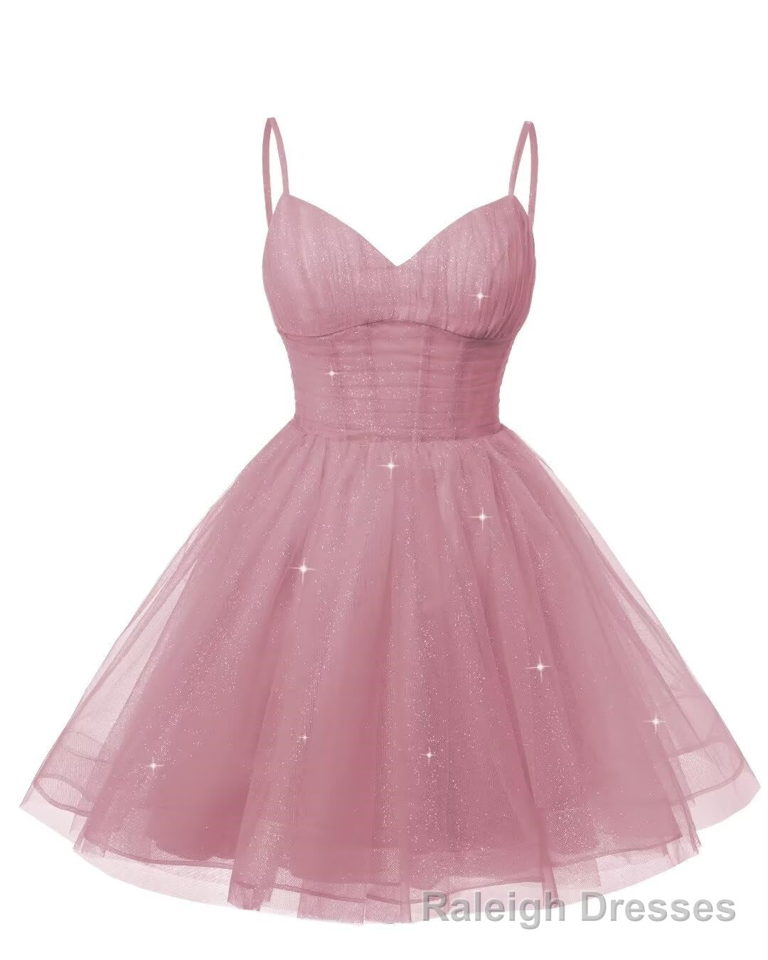 Womens V Neck Tulle Spaghetti Straps Dusty Rose Homecoming Dresses with Corset Back Short Prom Gowns for Teens Main image